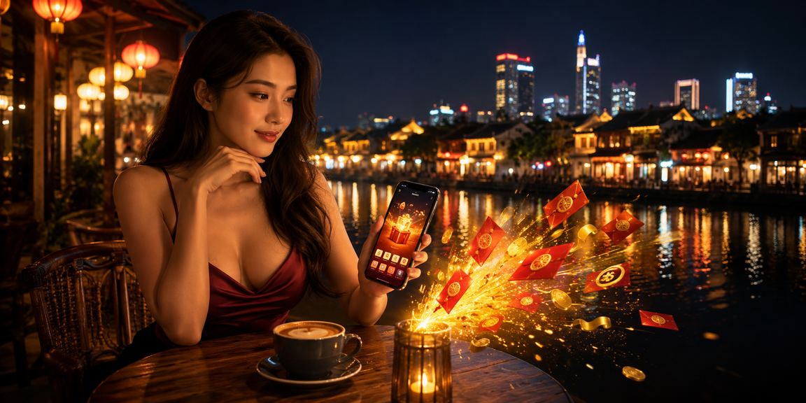 Không gian cà phê Hội An với phong bao đỏ nhắc người dùng đọc kỹ điều kiện